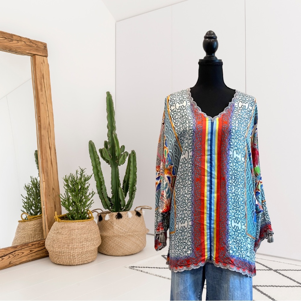 Johnny Was Dragon Printed Embroidered Trim Silk Top